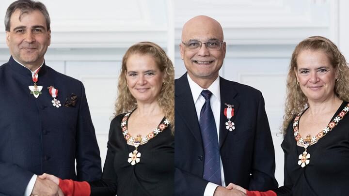 Jamal Deen and Mohit Bhandari shake hands with Julie Payette