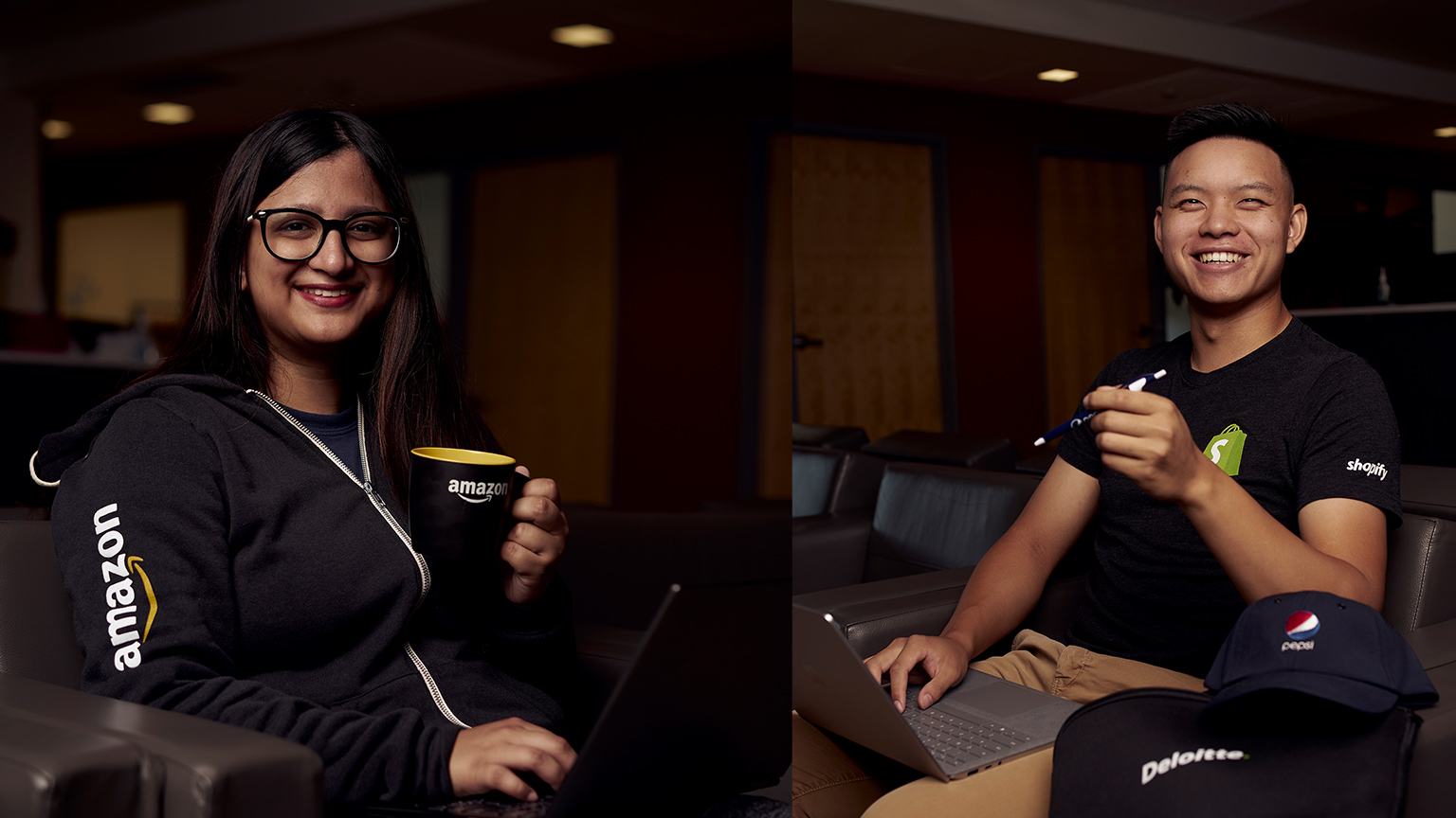 Areeba Aziz and Mitchell Wong posing in their co-ops branded swag