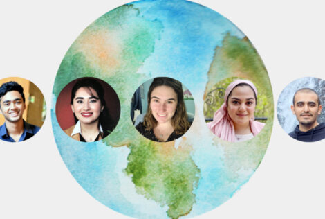 five headshots of different people in circles against a backdrop of a watercolour globe.