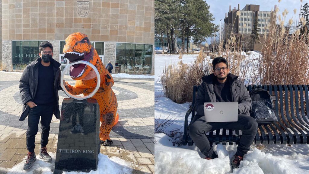 A collage of photos, one is a person and a blow up t rex at the ring, the other a student sitting on a bench with a laptop