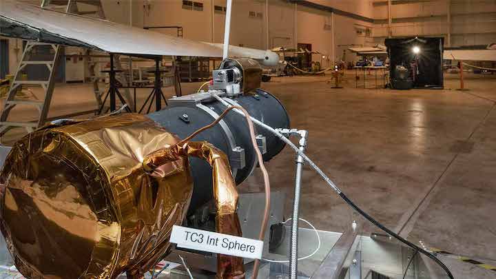 Air-LUSI telescope being calibrated by artificial moon in the ER-2 hangar at NASA's Armstrong Flight Research Center, California. Credit: NASA photo/Ken Ulbrich.