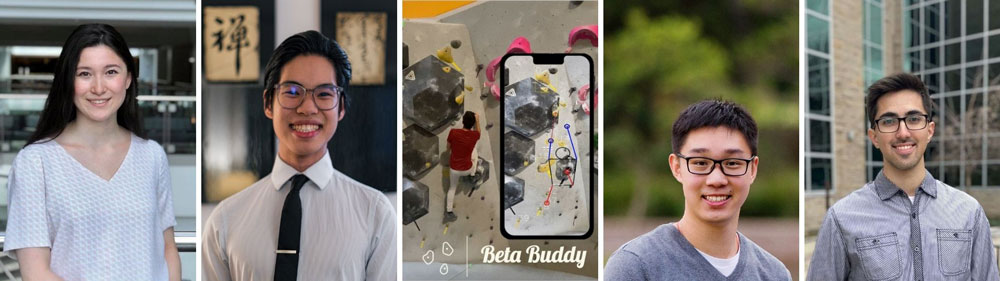 A collage of portraits of the members of Beta Buddy and an image of their app with a climbing wall