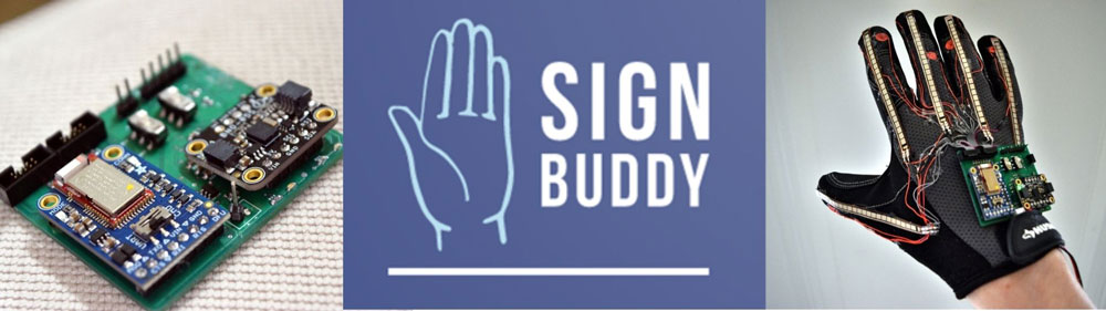 Sign Buddy logo and the prototype glove and circuit board 