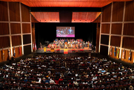 a view of the convocation stage from the balcony
