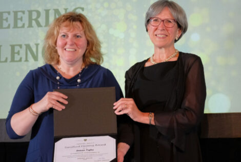 Provost and vice-president (Academic) Susan Tighe receives the Sandford Fleming Award, Canada’s top civil engineering award in transportation, from the Canadian Society for Civil Engineering president Brenda McCabe. CSCE photo.