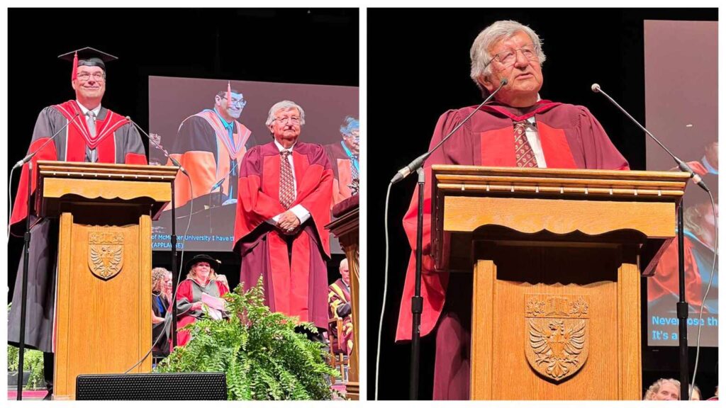 In one photo, Barry Hill stands beside Steve Hranilovic on stage at convocation. In the second photo, Barry Hill is making his convocation address behind a podium.