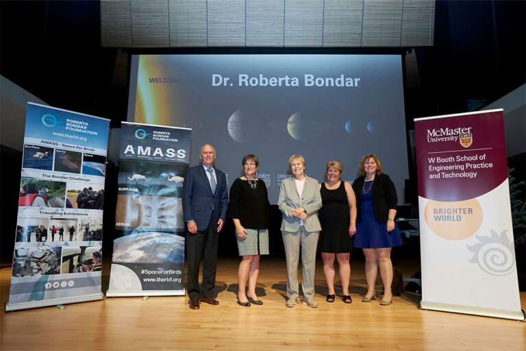 A group picture, from left to right: David Farrar, Karen Mossman, Roberta Bondar, Heather Sheardown, and Susan Tighe.