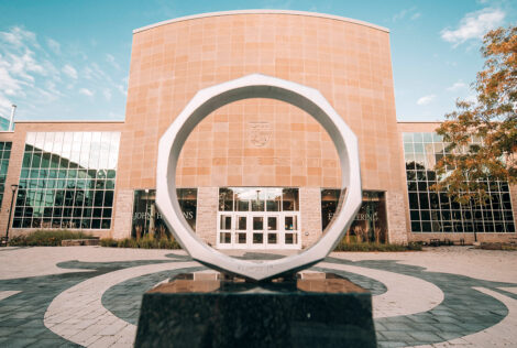 Iron Ring statue in front of John Hodgins Engineering Building