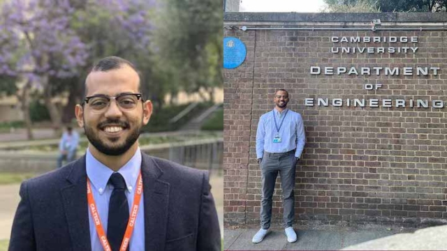Collage of two photos of Moustafa, one is in front of the Department of Engineering at Cambridge, the other in front of a spring tree