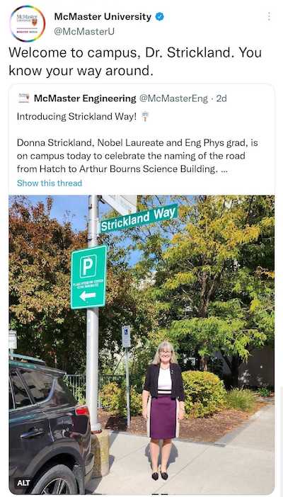 Tweet by McMaster U about the sign, making a joke that she knows her way around