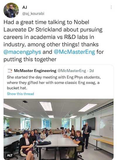 Tweet about Donna Strickland by a student about the joys of meeting her