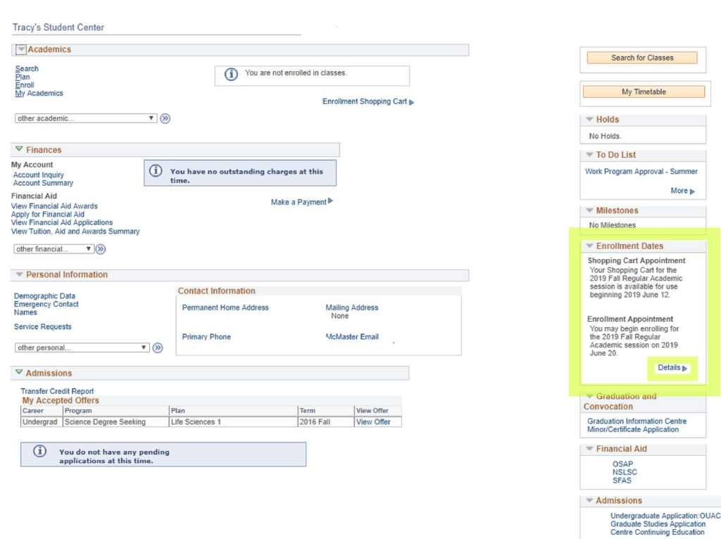 A screenshot of the student centre, which shows the enrolment appointment.