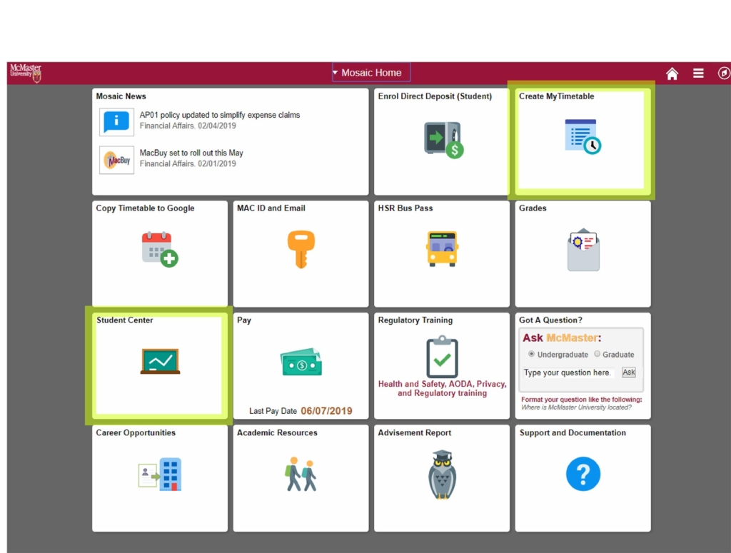 A screenshot of Mosaic, showing the Student Centre and Create My Timetable cards.