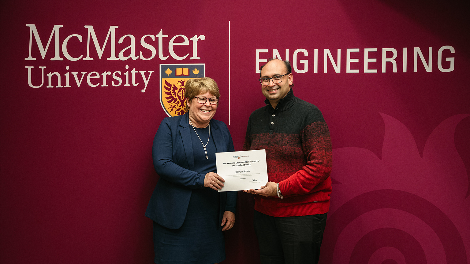 Heather Sheardown poses with Salman Bawa recipient of the Veronika Czerneda Staff Award