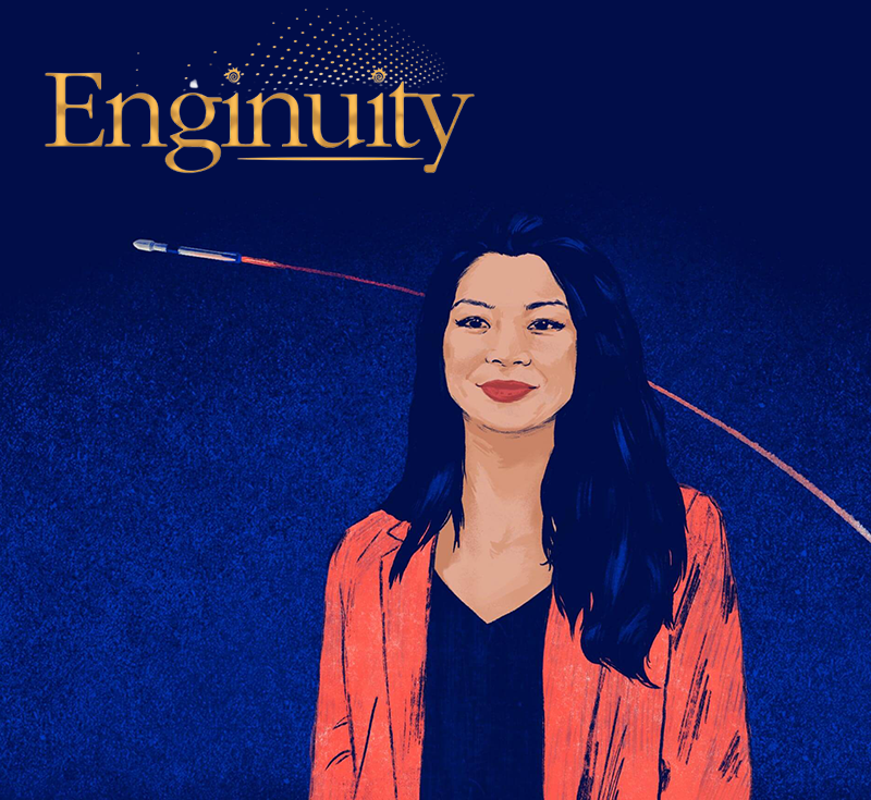Alyssia Jovellanos, illustrated, with the word Enginuity in gold