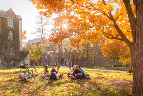 Students sitting on campus amongst the colourful Autumn trees