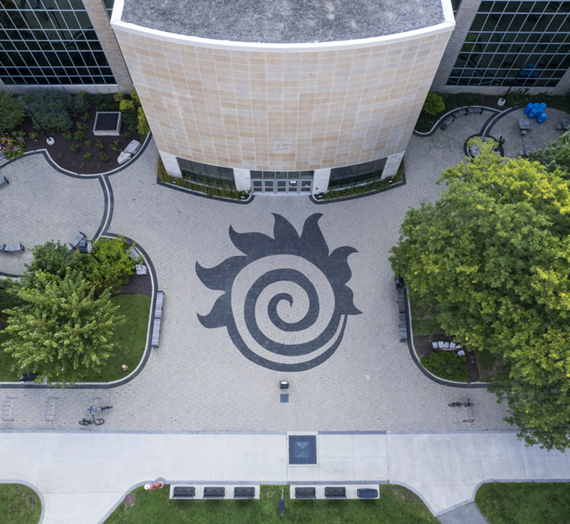 Drone view of the Fireball logo on campus