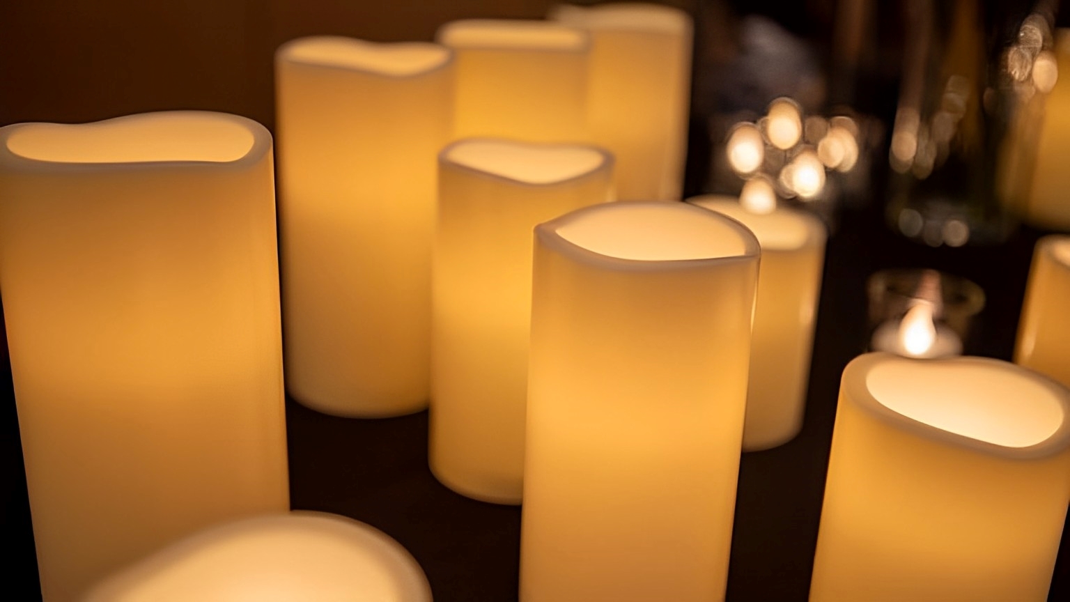 lit candles on a table.