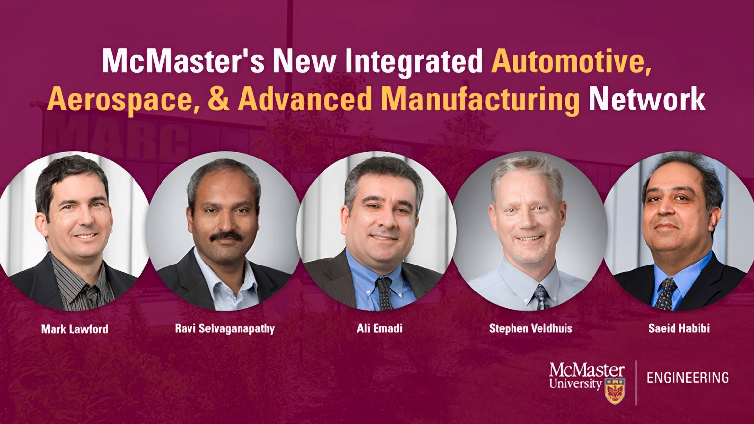 infographic featuring five researchers part of the Automotive, Aerospace & Advanced Manufacturing Network