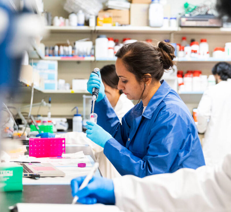 A person wearing blue PPE works in Leyla Soleymani's lab.