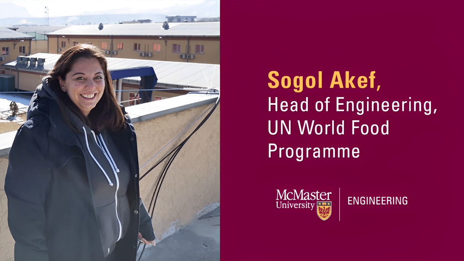 Sogol Akef smiles while wearing a hoodie. The words beside the picture say Sogol Akef, Head of Engineering, UN World Food Programme.