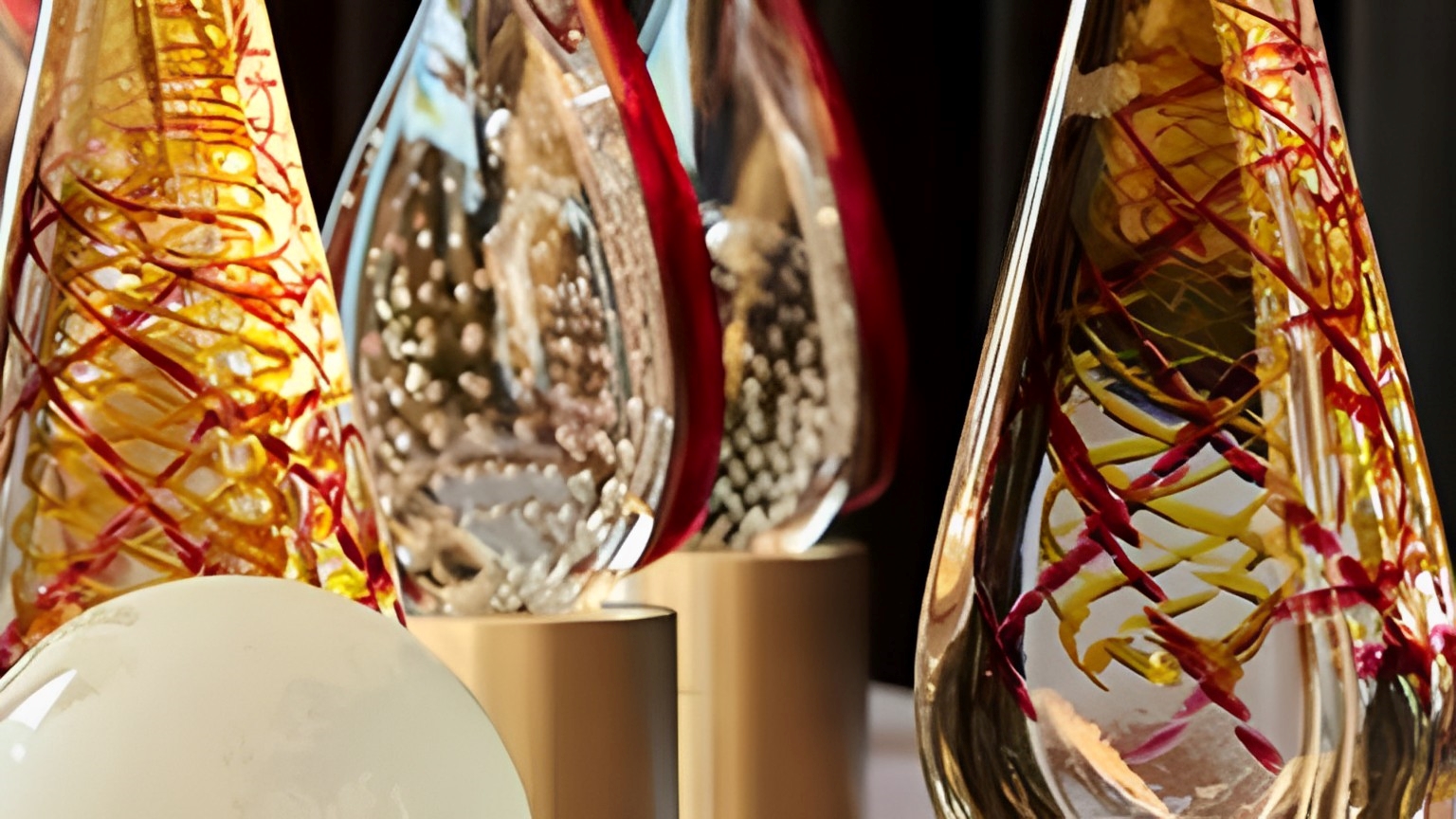 Close up of glass awards with red and yellow swirled through them