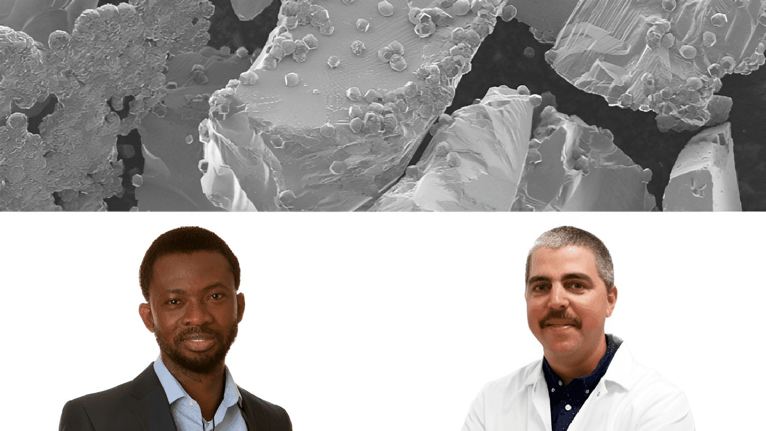 two researchers below an image of greenhouse gases under a microscope.