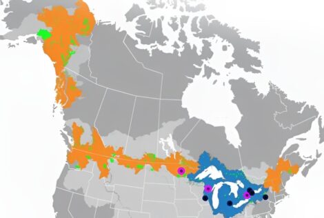map of North America with certain sections highlights in orange or blue.