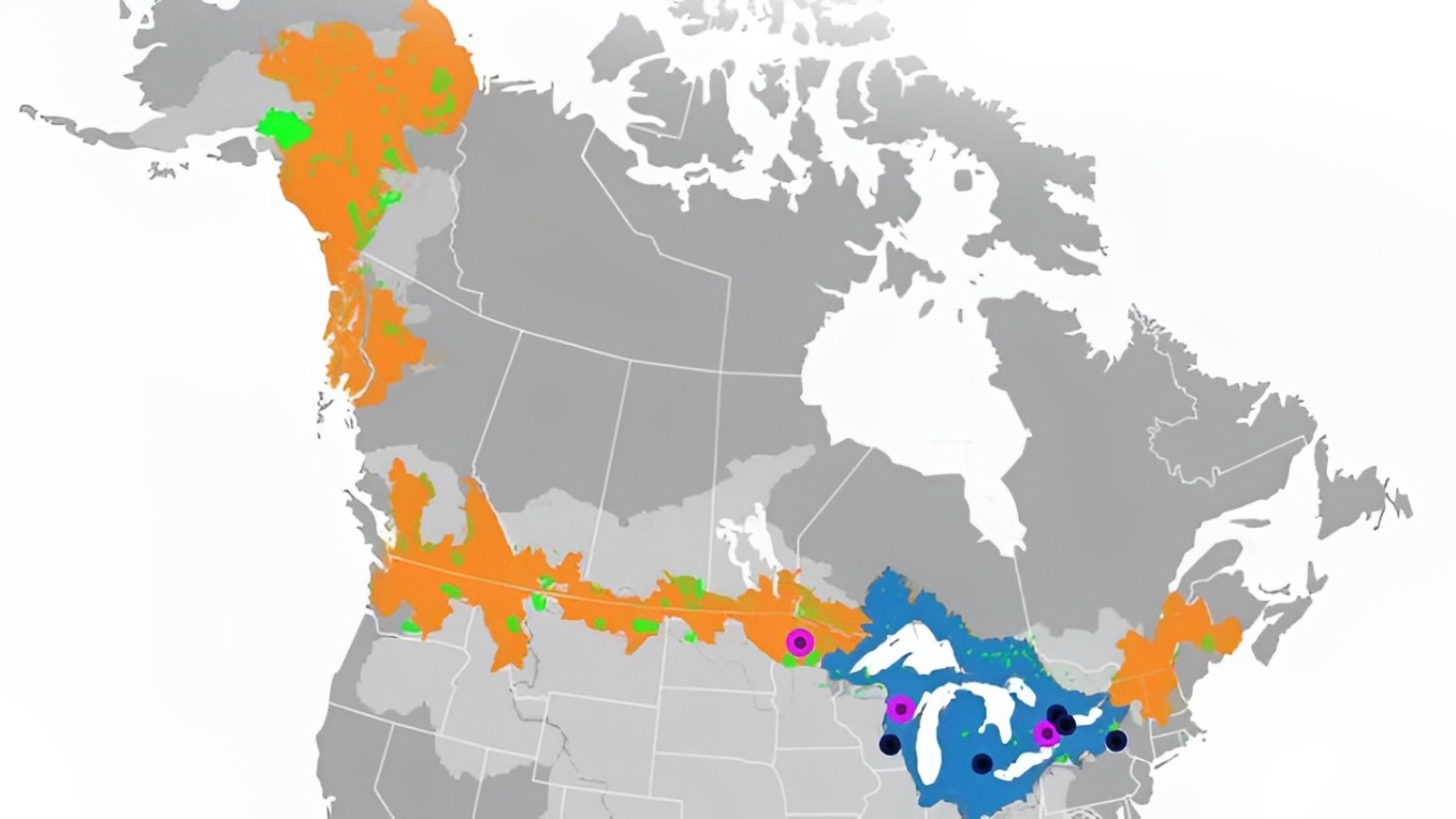 map of North America with certain sections highlights in orange or blue.