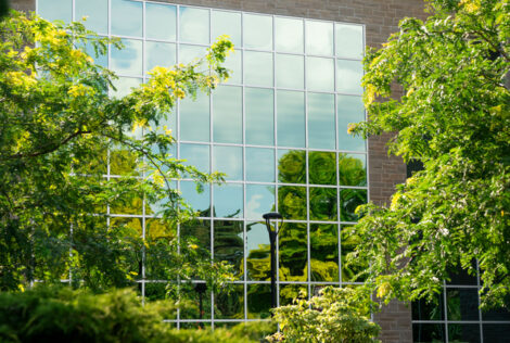 The windows of John Hodgins Engineering Buildings with green trees and a blue sky reflected in them