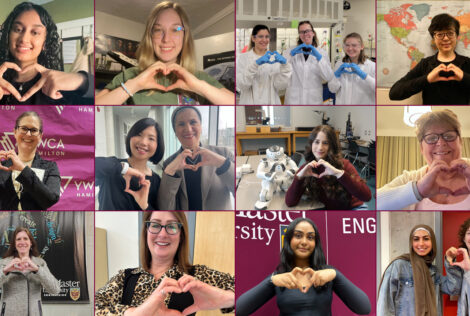 A collage of woman posing with the heart hand