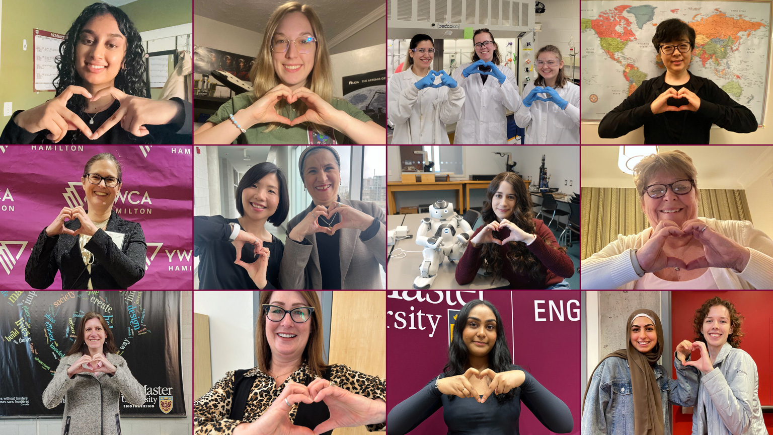 A collage of woman posing with the heart hand