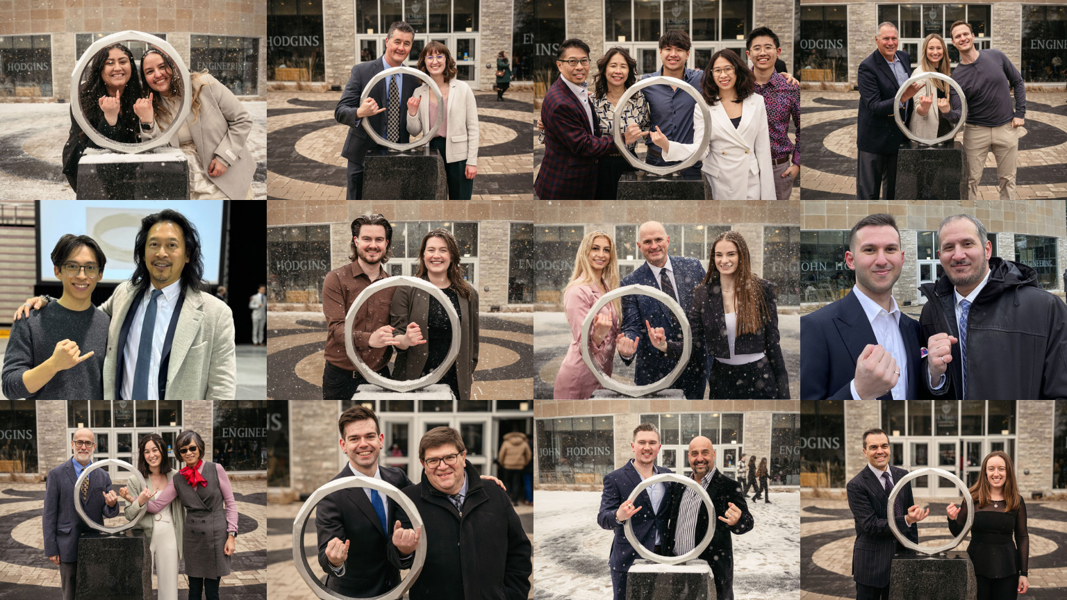 a collage of family members who have iron rings posing at the iron ring statue