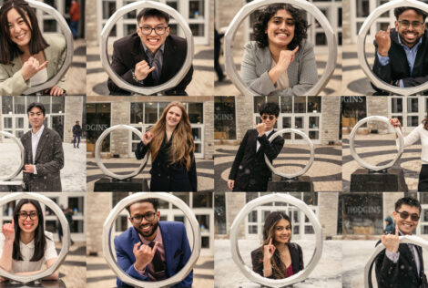 A collage of students posing with the Iron Ring