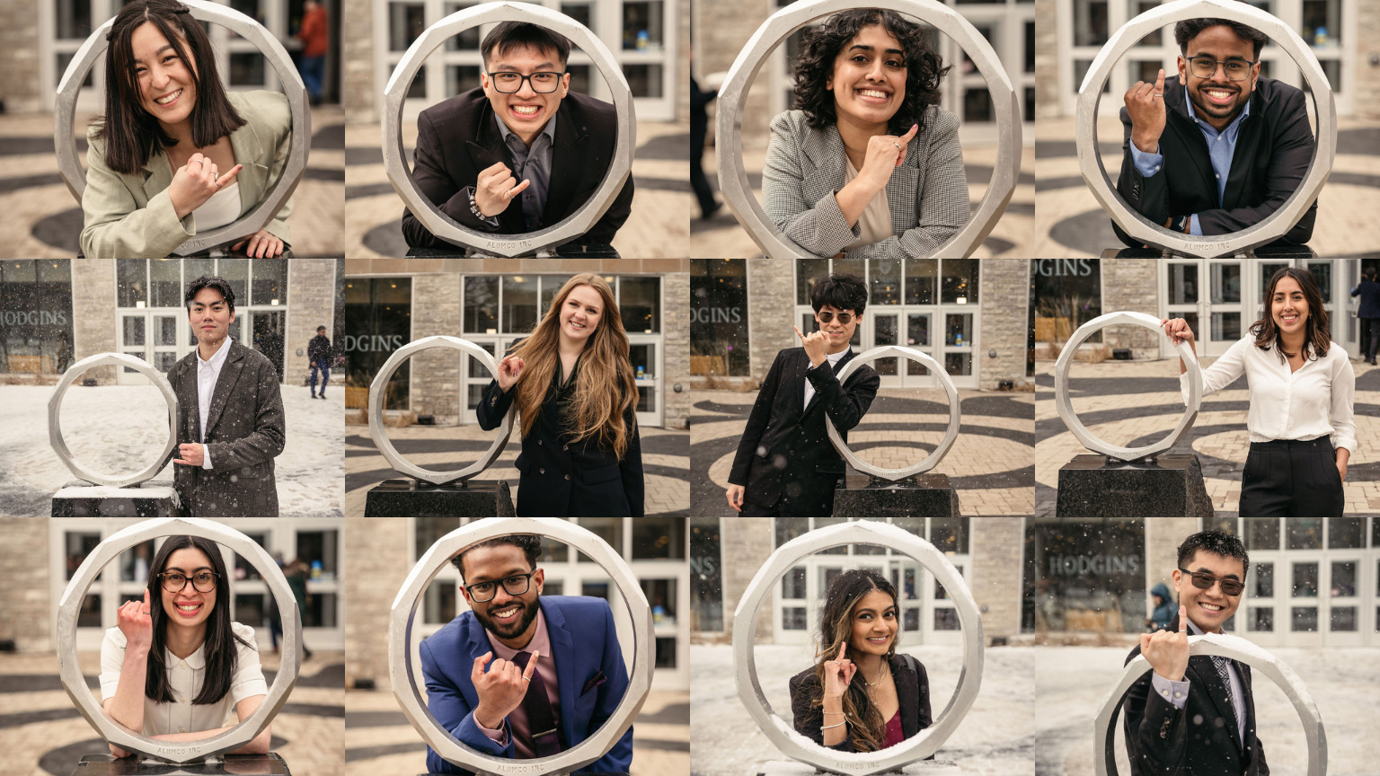 A collage of students posing with the Iron Ring