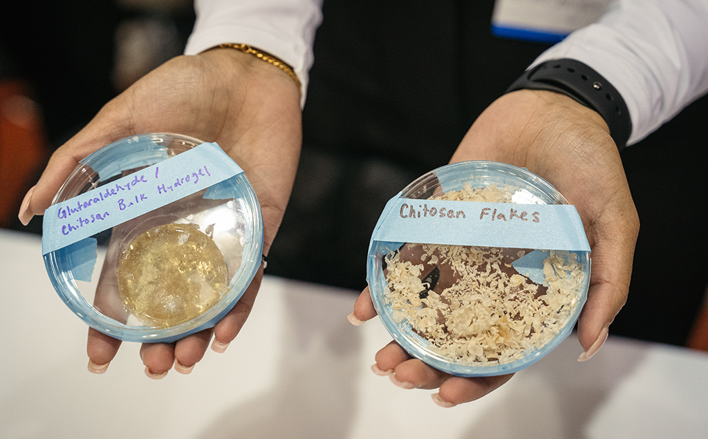 Two petri dishes holding sustainable material for wound care
