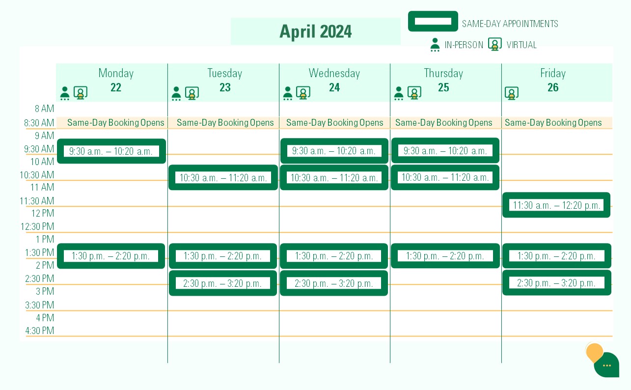 Calendar of TalkSpot same-day appointments for the week of April 22, 2024