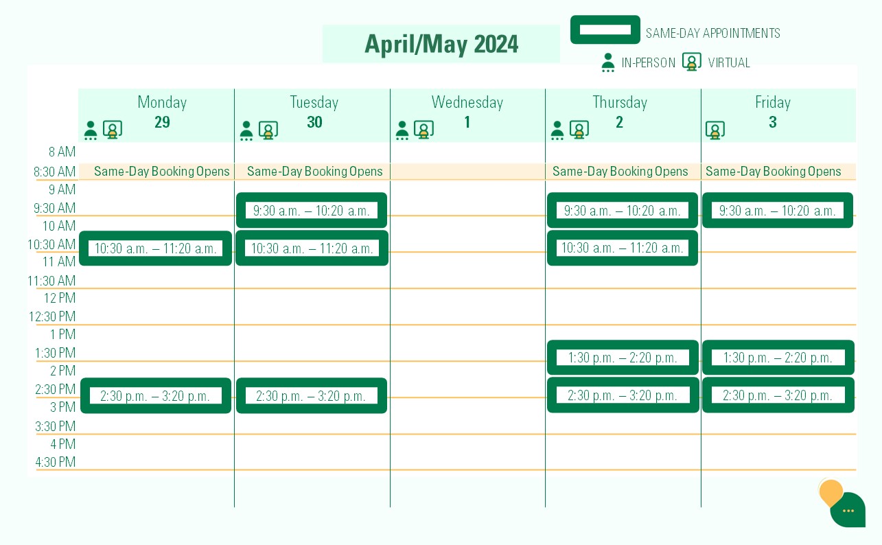 Calendar of TalkSpot same-day appointments for the week of April 29, 2024