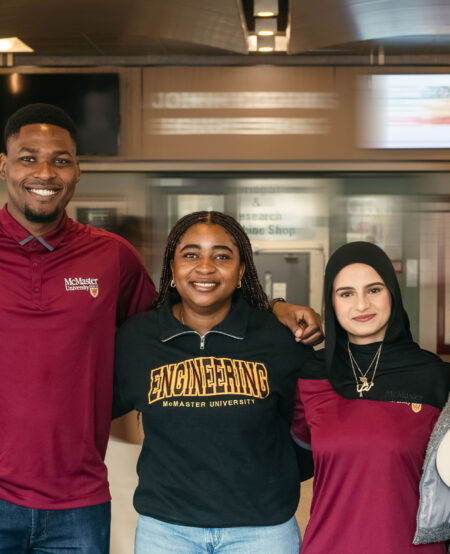 Five students standing together on campus