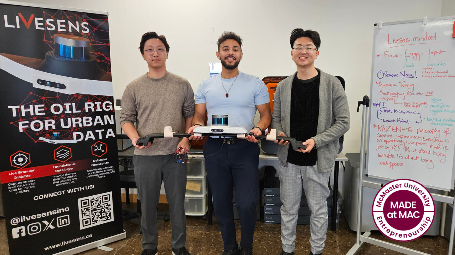 Three students pose with their Livesens prototype