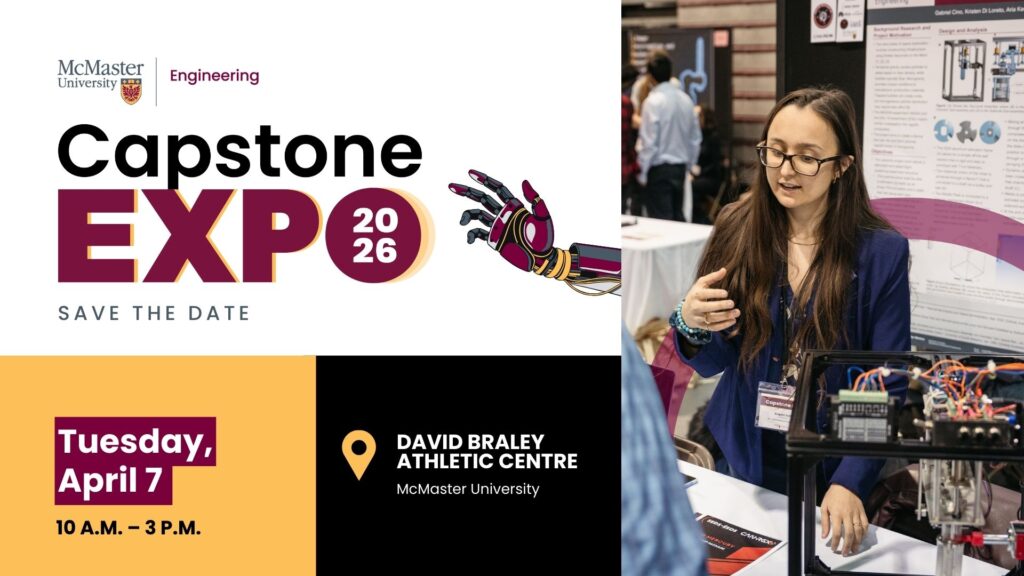 Save the date for Capstone Expo. Tuesday April 7 2026. Student presenting project.
