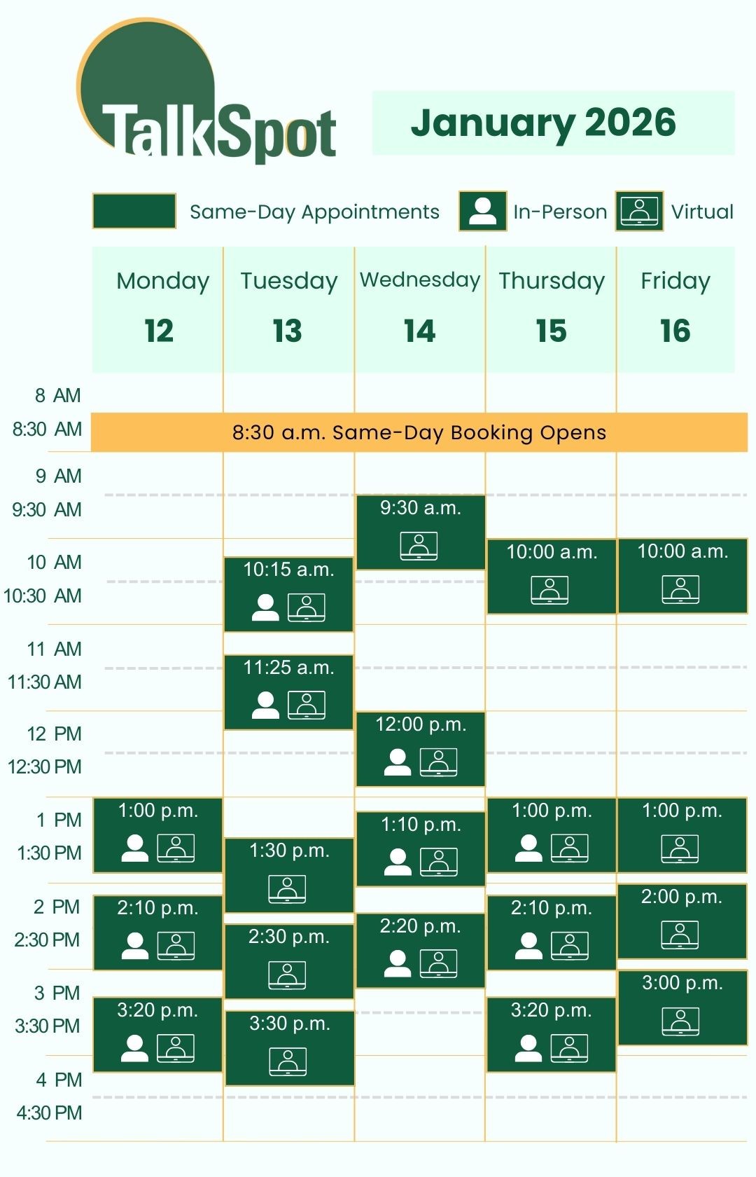 Calendar of same-day appointment availability for the week of January 12, 2026.