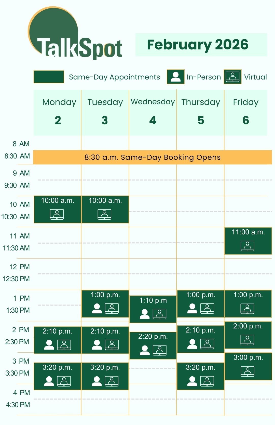 Calendar of same-day appointment availability for the week of February 2, 2026. 