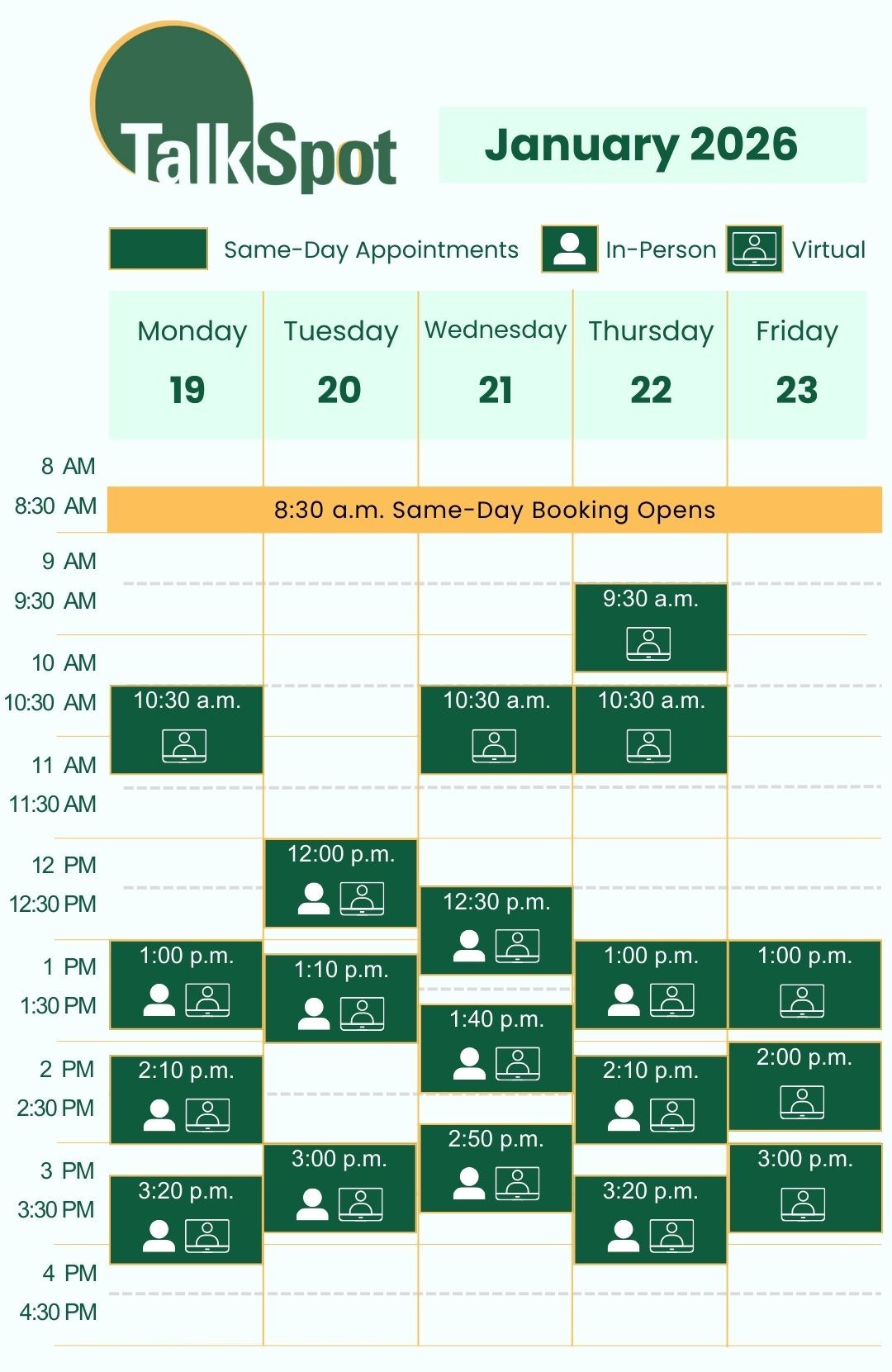 Calendar of same-day appointment availability for the week of January 19, 2026.