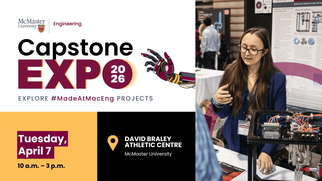 Capstone Expo graphic showing a robotic arm and a photo of a student from last year's expo