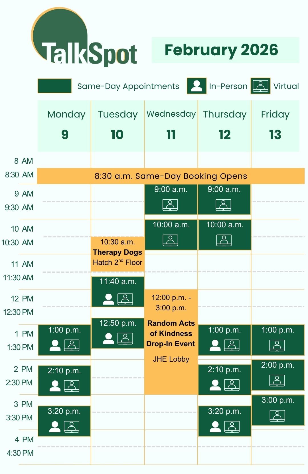 Calendar of same-day appointment availability for the week of February 9, 2026.