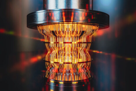 A 3D rendering of a futuristic glowing quantum computer