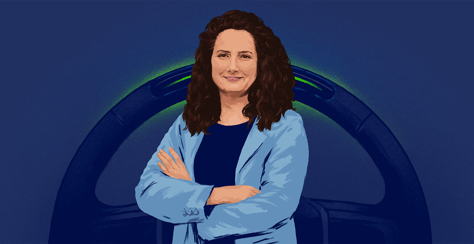 An illustration of Sahar Kokaly with her hands-free technology in the background.