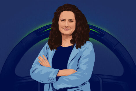 An illustration of Sahar Kokaly with her hands-free technology in the background.