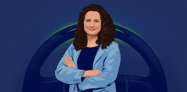 An illustration of Sahar Kokaly with her hands-free technology in the background.